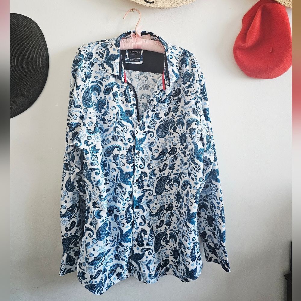 Silver Stone Men's Navy White Paisley Button Up Shirt L